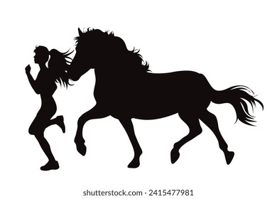 Vector silhouettes of girl with her horse on white background. Symbol of farm.