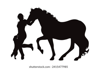 Siluetas vectoriales de una chica con su caballo sobre fondo blanco. Símbolo de granja.