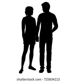 Vector silhouettes of girl and man standing, couple, people, black color, isolated on white background