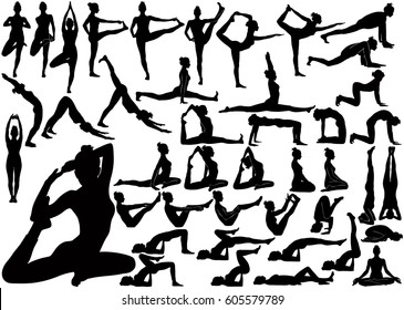 Siluetas vectoriales de muchacha practicando yoga. Formas de mujeres delgadas haciendo ejercicios de yoga en diferentes poses aisladas en fondo blanco.