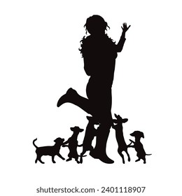 Vector silhouettes of girl with puppies on white background. Symbol of pet and canine.