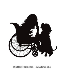 Vector silhouettes of girl sitting on wheelchair with her dog on white background. Symbol of pet and canine.