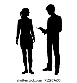 Vector silhouettes of girl and teenager, standing, black color, isolated on white background