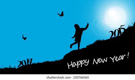 Vector silhouettes of girl who celebrate the new year.