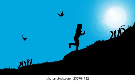 Vector silhouettes of girl who run the new year.