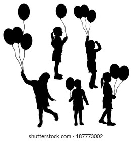 Vector silhouettes of girls with balloons on white background.