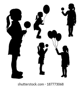Vector silhouettes of girls with balloons on white background.