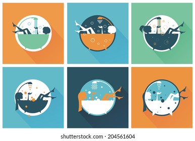 Vector silhouettes: girls in the bath. Flat design.
