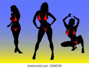 Siluetas vectoriales de niñas en bikini en la playa