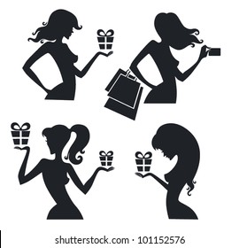 vector silhouettes of girls with present boxes and shopping bags