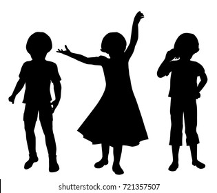 Vector silhouettes of girls standing, different poses,  black color, isolated on white background