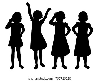 Vector silhouettes of girls standing, different poses,  black color, isolated on white background
