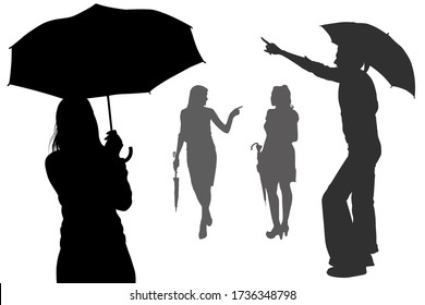 Vector silhouettes of girls with umbrellas. A woman held out her hand forward stops the transport, two girls with umbrellas cane. Slender, young women. Lady in trousers. Business lady gives orders.