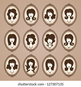 Vector silhouettes of girls with vintage frames
