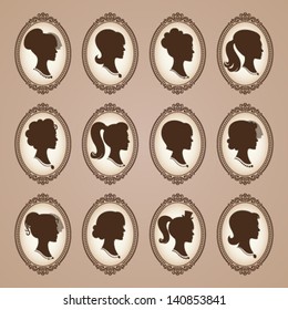 Vector silhouettes of girls with vintage frames