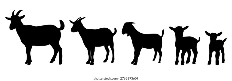 Vector silhouettes of goats, ranging from small kids to adult goats with horns