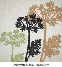 Vector silhouettes of grass flowers. Hipster vector background with floral elements on old paper.