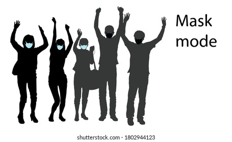 Vector silhouettes group of 5 young people tourists in protective masks. Mask mode. Copy space. Isolated over white background. figures of 3 girls and 2 guys, hands are raised up, joyful, happy people