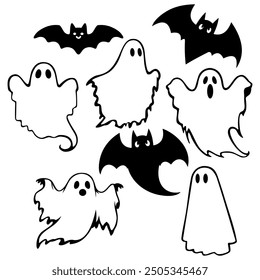 Vector silhouettes of a group of cute bats and ghosts.