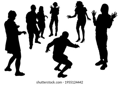 Vector silhouettes of a group of dancing people, men and women in different dance poses. A group of 7 people, 5 girls, 2 guys. A man crouches in a dance. A woman in a dress.