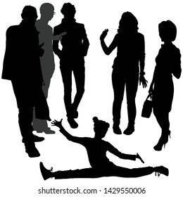 Vector silhouettes of a group of different people, men, women, teenagers. Teen girl sat on a sports splits, women wave goodbye, 