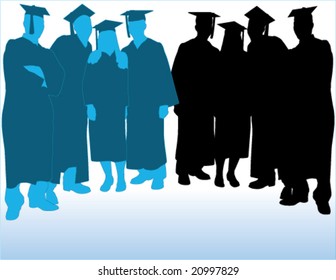 Vector silhouettes of a group of graduates in two-tone blue and black.