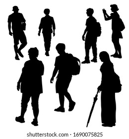 Vector silhouettes of a group of passers-by people isolated on a white background, in summer, tourists man and woman, with a backpack, cane umbrella, camera, a girl photographs, Asians, Japanese