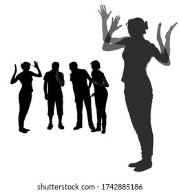 Vector silhouettes of a group of people during discussion, dispute. A team of men and women communicate, a man with a microphone, a girl with arms raised up, bent at the elbow. Emotional people.