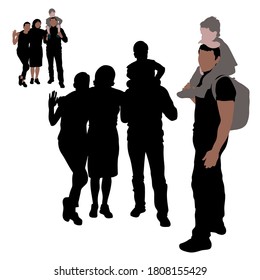 Vector silhouettes of a group of people, a man with little boy on his shoulders, Isolated on white background, stand in full growth. A man a backpack on his back