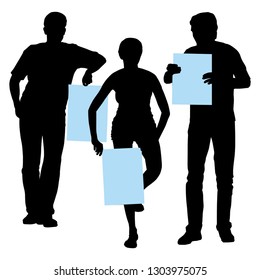 Vector silhouettes of a group of people a slim girl and two tall young men holding posters in their hands a place for text