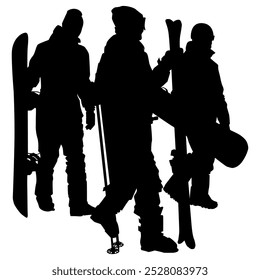 Siluetas de Vector de un grupo de personas. Tres esquiadores caminando con equipo en sus manos, una mujer con esquís y dos hombres con tablas de snowboard