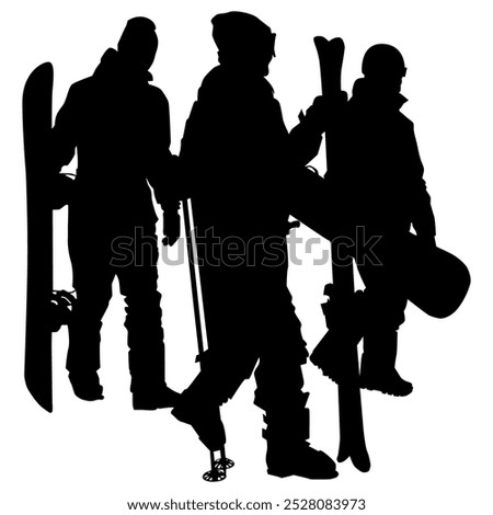 Vector silhouettes of a group of people. Three skiers walking with equipment in their hands, a woman with skis and two men with snowboards