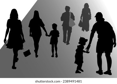 Vector silhouettes of a group of people, women and children on a walk.