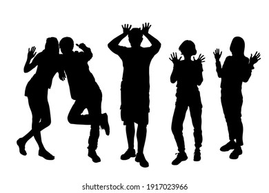 Vector silhouettes of group of tourists in summer clothes five people. Young women, men stand with their hands up front of the palms, are isolated on a white background 3 girls 2 guys