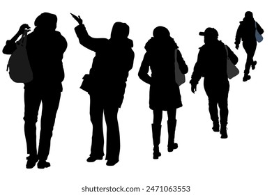 Vector silhouettes of a group of women in different poses, standing, communicating, leaving. Five people.