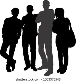 Vector silhouettes of a group of young people tourists of different height of men and a short girl with a bag. People are standing next to the front