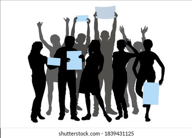 Vector silhouettes of a group of young people tourists, man and woman, stand in 2  rows isolated from each other, hands raised up. Girl holding a poster, strike, rally team of students on the holiday