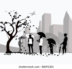 Vector silhouettes, groups of people with umbrellas and autumn leaves