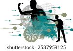 Vector silhouettes with grunge textures - Dart - Sport in the club - Steeldarts - Body player aiming and throwing