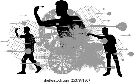 Siluetas de Vector con texturas grunge - Dardo - Deporte en el club - Steeldarts - Jugador de cuerpo apuntando y lanzando