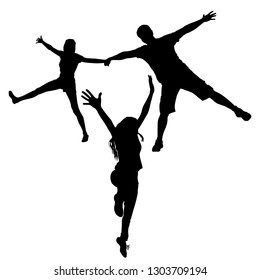 Vector silhouettes of a guy and a girl stand on one leg and hold hands by lifting up free hands and legs. Silhouette of a fun jumping girl with raised arms and developing hair