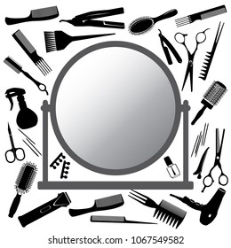 Vector silhouettes of the hairdresser's tools  and mirror