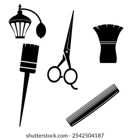 Vector Silhouettes of hairdressing accessories isolated on white background. Hairdresser tool. Scissors, comb, hairbrush for barbershop.