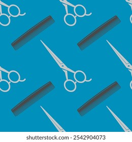 Vector Silhouettes of hairdressing accessories isolated on blue background. Hairdresser tool. Scissors, comb, hairbrush for barbershop. Seamless pattern.