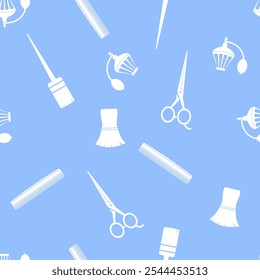 Vector Silhouettes of hairdressing accessories isolated on blue background. Hairdresser tool. Scissors, comb, hairbrush for barbershop.