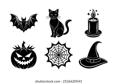 
Vektor Silhouetten Halloween Kürbis, Hexenhut, Fledermaus, Spinnennetz und schwarze Katzenelemente für Halloween