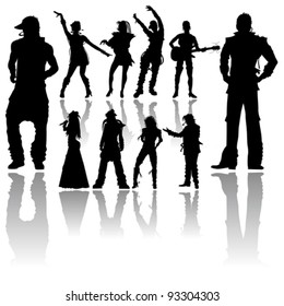 Silhouettes vectoriales hechas a mano, bailando y cantando