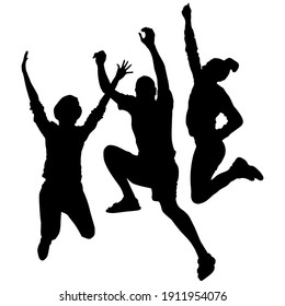 Vector silhouettes of happy, cheering, jumping up people. A man and 2 women with joyful emotions, fun skyout, happiness, energetic, delight.