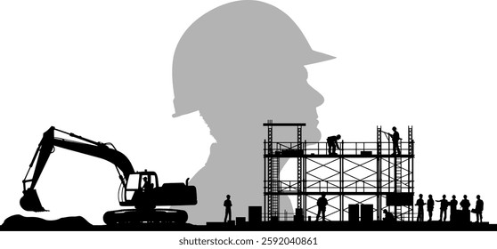 Vector silhouettes - head engineer with construction helmet - construction site with engineers architects and workers - construction industry - growth and investment