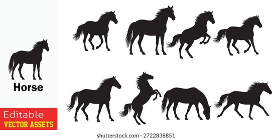 Siluetas de Vector de caballos en diferentes posturas de correr y de pie aisladas sobre fondo blanco. Esta colección de Vector de alta calidad presenta una amplia gama de siluetas de caballos que representan a estos majestuosos animales en varias poses dinámicas y etapas de movimiento. El conjunto incluye ilustraciones detalladas de caballos corriendo, saltando al galope y de pie, mostrando la gracia y el poder del movimiento equino en un estilo minimalista limpio. Cada silueta está meticulosamente diseñada para capturar la anatomía auténtica y la acción fluida de los caballos, lo que la convierte en una opción ideal para una amplia gama de proyectos creativos. Estas siluetas negras están perfectamente aisladas sobre un fondo blanco que proporciona la máxima versatilidad para los diseñadores gráficos que necesitan Clipart profesional para temas ecuestres, marcas deportivas, materiales relacionados con ranchos o granjas y diseños inspirados en la naturaleza. El diseño simple pero expresivo garantiza que cada pose se destaque, lo que lo convierte en un activo valioso para aplicaciones de medios digitales e impresos.

Las características clave incluyen
La colección captura a los caballos en varios estados de acción, incluyendo galopes completos, posiciones de pie elegantes y movimientos atléticos de salto.

Estilo de silueta minimalista Cada figura se representa como una silueta negra limpia que es perfecta para logotipos, pegatinas y Elementos gráficos decorativos.

Excelencia Ideal para clubes de equitación, eventos de carreras, ranchos de marca y Materiales promocionales de clínicas veterinarias.

Vector editable de alta calidad Proporcionado como recursos de Vector totalmente escalables que se pueden cambiar de tamaño o personalizar fácilmente sin pérdida de detalle o calidad de Imagen.